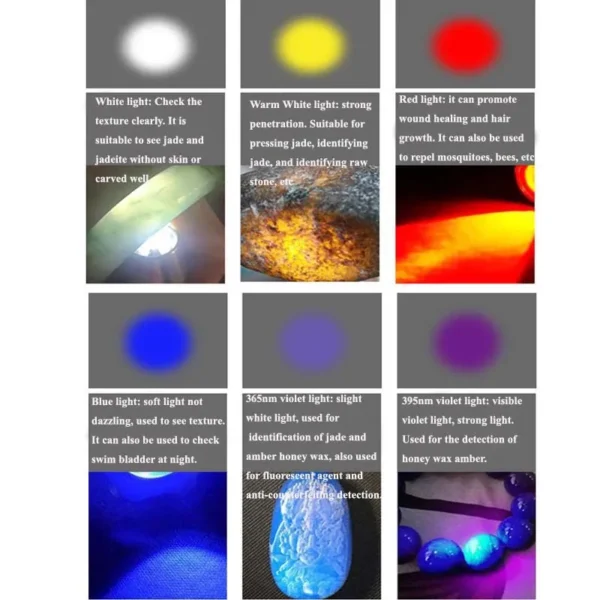 5 365nm uv flashlight 6 Colors White Warm White Blue Red Light 365nm UV 395nm UV Light USB Rechargeable